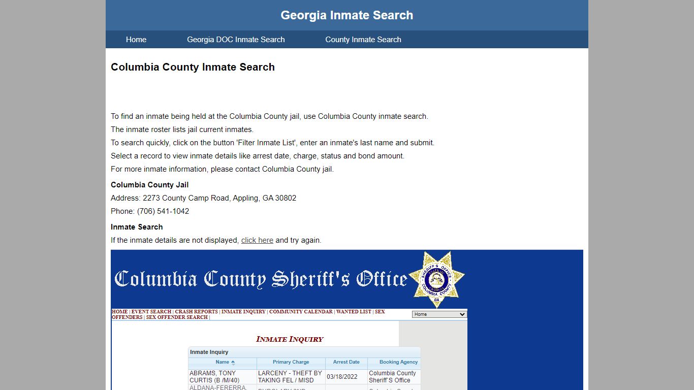 Columbia County Inmate Search